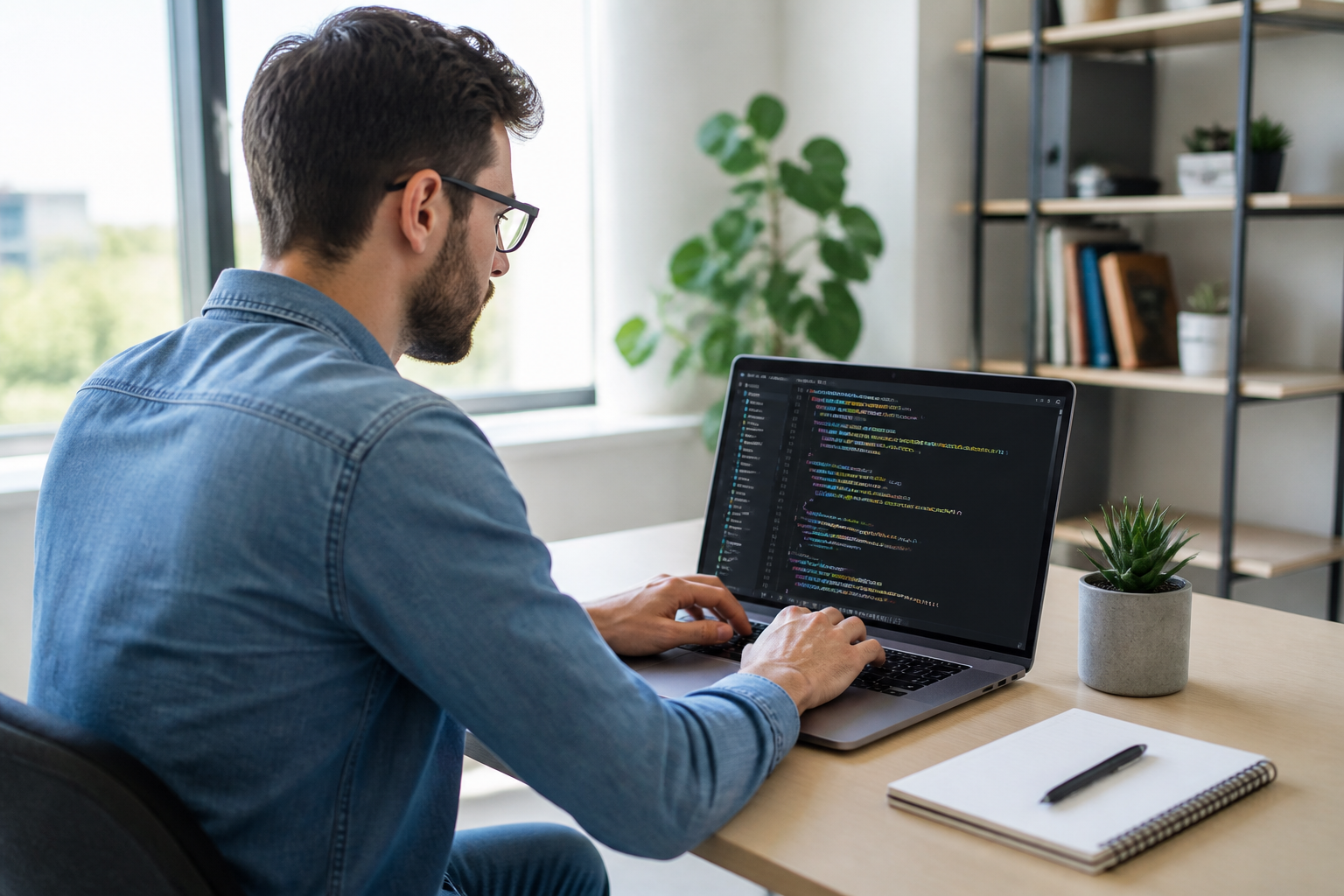 Developer writing code on a laptop