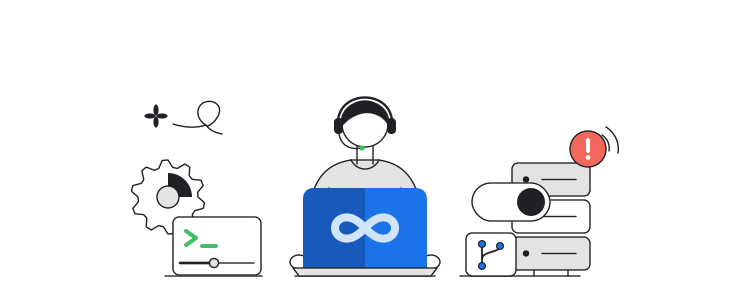 Illustration of a DevOps engineer working with automation, servers, and monitoring.