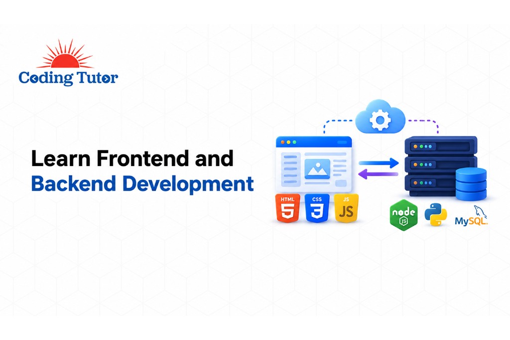 Learn frontend and backend development with HTML, CSS, JavaScript, Node, Python, and MySQL.